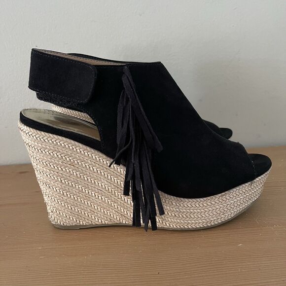 Report Boho Wedge Sandals Womens 9 Utility Espadrilles Black Suede Fringe Shoes - Picture 5 of 12